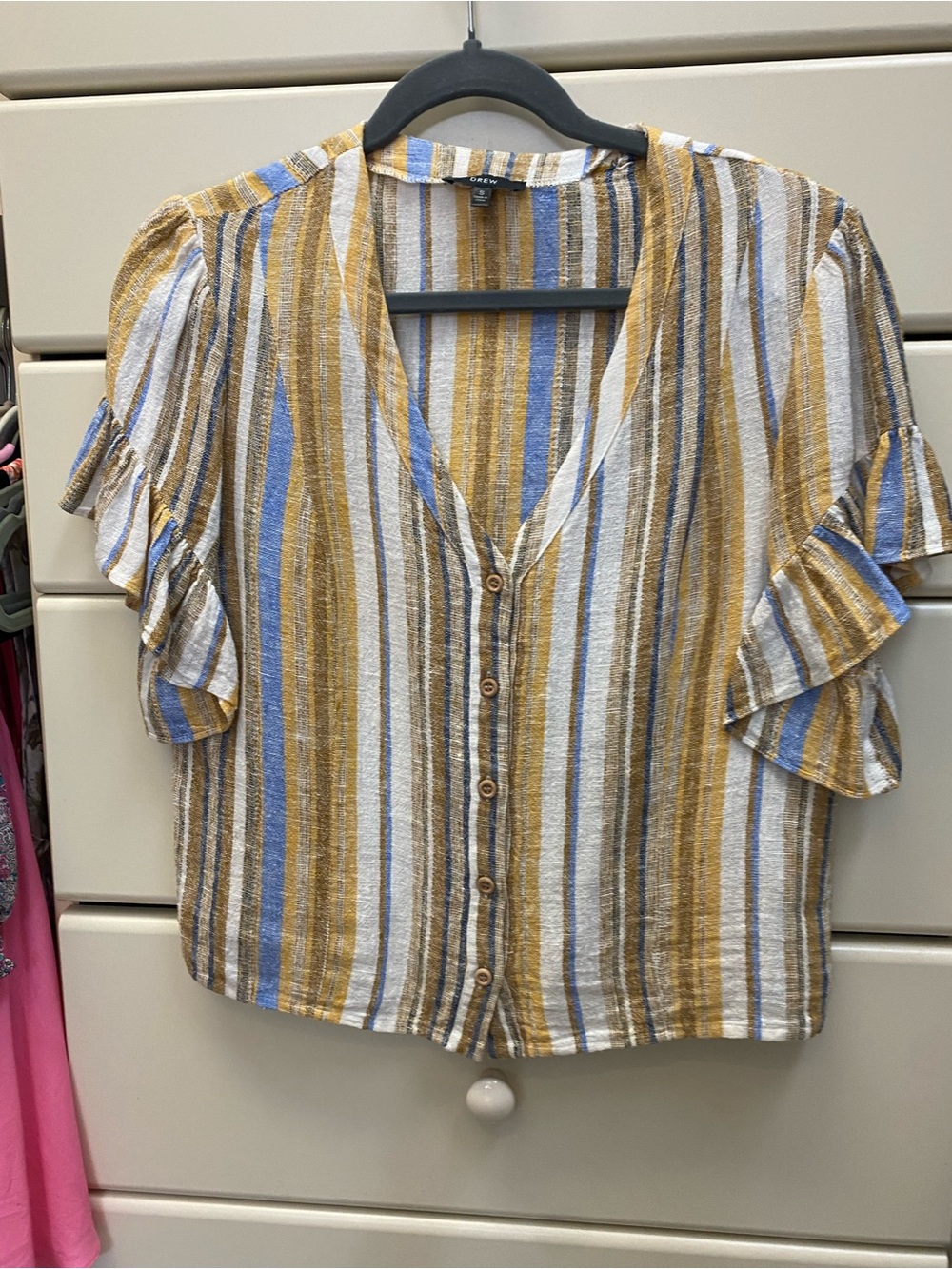 DREW Striped V-Neck Button-Front Top - Mustard, Blue, White